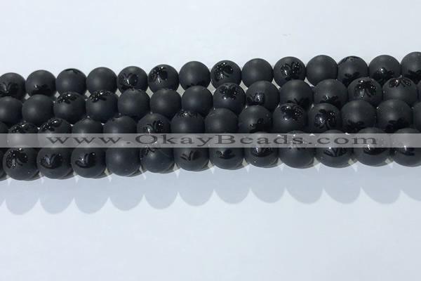 CAA3666 15.5 inches 8mm round matte & carved black agate beads