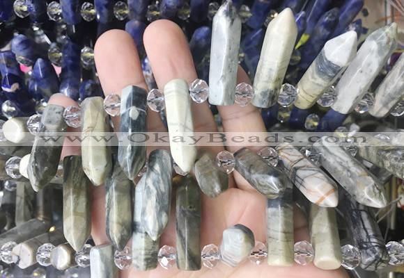 CBBS176 Top drilled 8*28mm - 9*30mm hexahedral prism black picasso jasper beads