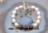 CFB981 Hand-knotted 9mm - 10mm rice white freshwater pearl & mixed tiger eye bracelet
