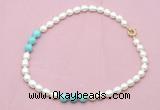 CFN326 9 - 10mm rice white freshwater pearl & blue howlite necklace wholesale