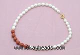 CFN461 9 - 10mm rice white freshwater pearl & red jasper gemstone necklace
