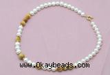 CFN526 9mm - 10mm potato white freshwater pearl & golden tiger eye necklace