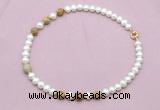CFN759 9mm - 10mm potato white freshwater pearl & picture jasper necklace