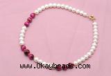 CFN767 9mm - 10mm potato white freshwater pearl & red tiger eye necklace