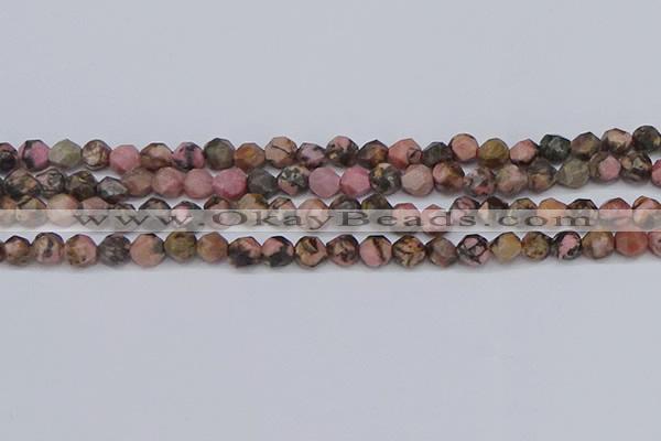 CNG6252 15.5 inches 6mm faceted nuggets rhodonite beads
