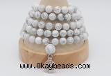 GMN1245 Hand-knotted 8mm, 10mm white howlite 108 beads mala necklaces with charm