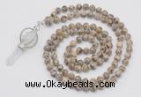 GMN1557 Knotted 8mm, 10mm feldspar 108 beads mala necklace with pendant