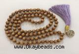 GNBS76 Hand-knotted 10mm yellow sandalwood 108 beads mala necklace with tassel & charm
